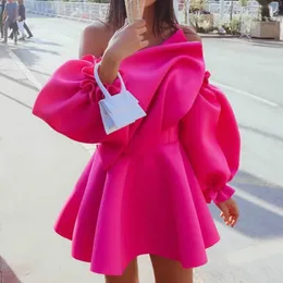 Real Picture Fuchsia Short Prom Gowns Sexy One Shoulder Poet Long Sleeve Mini Evening Dress Party Formal robes de mariée