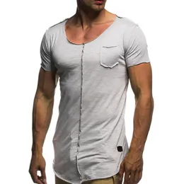 Sommar lång T-shirt Men Kortärmad Fitness t-shirt Fashion Solid Slim Fit O Neck Tshirt Mäns Hip Hop Streetwear Loose