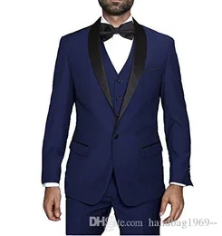 Senaste Design Navy Blue Groom Tuxedos Sjal Lapel Man Prom Dress Mens Bröllopskläder (Jacka + Byxor + Vest + Slips) D: 254