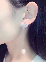 Partihandel-Hot Ins Fashion Luxury Designer Super Glittering Diamanter Söt Hjärta Pärla Pendant Long Dangle Stud Örhängen för Kvinna Tjejer