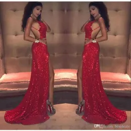 Sexy Red Sequins Mermaid Prom Dresses Long Thigh-High Slits Spaghetti Straps Backless African Black Girl Formal Evening Gowns Ogstuff