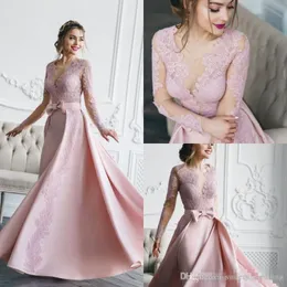 Sexy Modest Pink Lace Dresses With Detachable Train Bow Sash Formal Special Ocn Prom Gowns Cheap Robe De Marie Custom Made