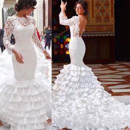 Sereia bateau renda pescoço sem costas babados manga longa branco robe mariage vestido de casamento vestidos de novia