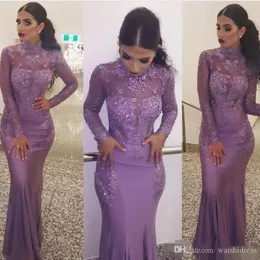 Elegant Dubai Arabic Lavender Mermaid Dresses High Neck Long Sleeves Lace Appliques Sequined Prom Dress Formal Evening Gowns