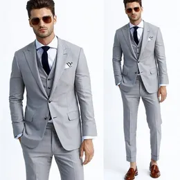 Light Gray Groom Wedding Tuxedos Peaked Lapel Slim Fit Mens Prom Jacket Blazer Suits 3 Piece Custom Made Prom Clothing(Jacket+Vest+Pants)