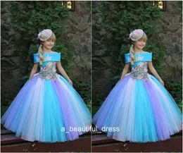 Princess Girls Pageant Dresses Off-The Ramię Butterfly Aplikacje Kwiat Girls Sukienki na Wesela Suknia Balowa Dzieci Dress FG1329