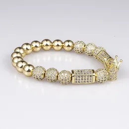 Fashion-Rendy Imperial Crown Charm Armband 8mm Micro Pave CZ Round Bead Women Men Koppar Smycken Pulseras Mujer Bileklik S625