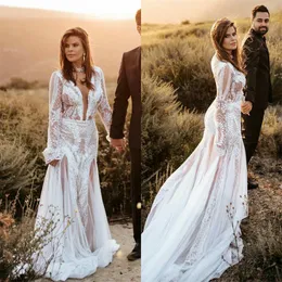2020 Lace Country Wedding Dresses Mermaid Tulle Sweep Train Bridal Gowns Deep V Neck Bohemian vestidos de novia