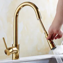 Solid Brass Gold Finished Deck Mounted Bathroom Sink Faucet Pull Out and Swivel Spout Mixer Tap
