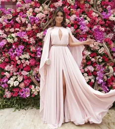 sexy pink Evening Dresses crew Party Front Slit Chiffon Dubai Arabic beaded belt Saudi Muslim prom gowns Long abiye gece elbisesi