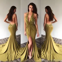 Najnowsze szyi Halter Syrenki Prom Dresses Backless Chapel Pociąg Aplikacje Formalne wieczorowe sukienki wieczorowe Vestido de Fiesta Prom Suknie