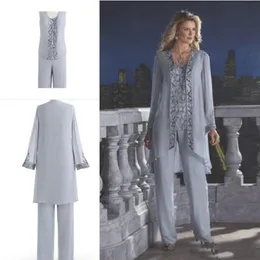 2020 Mother Of The Bride Three-Piece Pant Suit Chiffon Beach Wedding Mother Dress Long Sleeve Beads Wedding Guest Dress