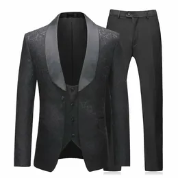 メンズスーツTuxedos新郎のウェディングジャケットベストパンツプロム形式Tuxedoフローラル新郎Fit Tuxedos Prom Suitジャケットベストパンツ