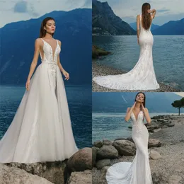 Meerjungfrau Brautkleider mit abnehmbarem Zug sexy Spaghetti -Riemen Rückenfreier voll applizierter Spitzenbrautkleid Einfacher Strand billiges Brautkleid