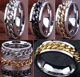 Partihandel 50st spinner kedja rostfritt st￥l ringar m￤ns silver guld svart mode smycken band ring helt ny dropshipping bredd 8mm