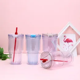 401ml~500ml plastic Tumblers with Straws Double Wall Clear Plastic Tumblers Travel mug regular tumbler sippy cup