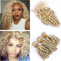 Peruanskt mänskligt hår aunty funmi blonde väv med topplås 3bundles # 613 Blond romantik Curls Virgin Hair Wefts med 4x4 spetsslutning