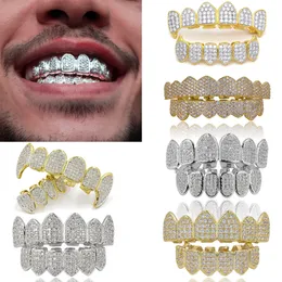 18K Real Gold Punk Hiphop Dental Mouth Grillz Braces Bling Cubic Zircon Rock Vampire Teeth Fang Grills Braces Tooth Cap Rapper Jewelry for Cosplay Party Halloween