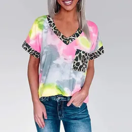 Damska koszulka Koszulka Dye Leopard Tshirt Kobiety Letnie Patchwork V Neck Krótki Rękaw Topy Koszula Koszulki T