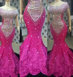 Fuksja Gorgeous Beaded Prom Dresses South African Mermaid Ruffles Sweep Pociąg Suknie Wieczorowe Custom Made Cap Rękaw Plus Size Party Dress