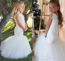 Biała elegancka urocza koronkowa syrenka kwiatowe sukienki na wesela długość podłogi kryte rękawy Dzieciowe suknie ślubne suknie konkursowe