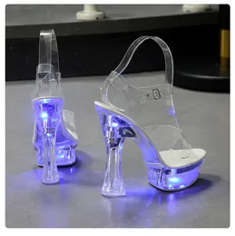 6 Color Square Heel Women Sandaler Lyser upp glödande skor Lysande klar plattform Hög 15 cm transparenta skor MX200407