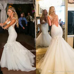 2019 Alta Qualidade Laço Aplicada Sereia Vestido De Noiva Plissado Tule Longo Vestido Bridal Plus Size Custom Feito