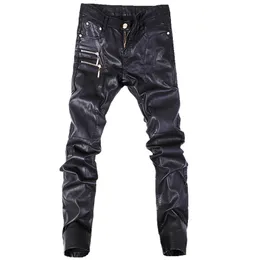 Homens jeans moda homens calças de couro macho moto reta calças casuais tamanho 28-36 a103