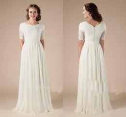 Abiti da sposa Boho in chiffon di pizzo modesto con maniche corte Abiti da sposa Boho Abito informale da ricevimento a trapezio lungo il pavimento