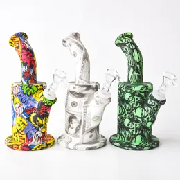 도매 인쇄 8.5 인치 실리콘 Bong Hookahs Recycler Oil Rig Unbreakabale Bongs with Downstem 및 Glass Bowl