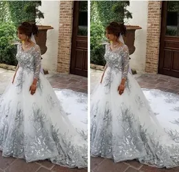 3/4 Uzun Kollu Gelinlik V Yaka Gümüş Dantel Aplike Şapel Tren Custom Made Düğün Gelin Elbise Plus Size vestido de novia