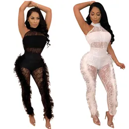 Plus Size Women Feather Sheer White Black Jumpsuits Fashion Mesh Bodysuits Sexiga Skinny Leggings Casual Fashion Sleeveless Overalls 2565