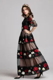 2019 Jesień Damska Runway Designer Dresses O Neck 3/4 Rękawy Wielopoziomowy Haft Party Prom Floral Patchwork Eleganckie Długie Sukienki Maxi