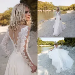 2019 Bohemian Beach Wedding Dresses V Neck Long Sleeve Lace Appliques Pearls Bridal Gowns A Line Boho Wedding Dress Robe De Mariee