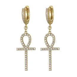 Europa y América Moda Hip Hop Pendientes Hip Hop Oro Plata Ice Out Diamond Bling CZ Key Cross Pendientes para Hombres Mujeres Bonito regalo