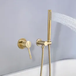 Borstat Golden Brass Badrum Dusch Set Väggmonterad Kall och Varmvatten Mixer Kran med handhållen duschhuvud