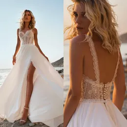 Summer Beach Boho Wedding Dresses New Sexy Side Split A Line Bridal Gowns Lace Appliques Bohemian Chiffon Wedding Dress