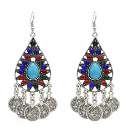 Vintage Boho Jhumka Coin Tassel Oxidized Drop Dangle Indian Colorful Rhinestone Earrings For Women Wedding Jewelry