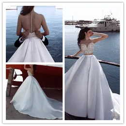 2019 A Line Sheer Long Sleeve Satin Beach Country Cheap Wedding Dresses Long Train Two Pieces Sexy Wedding Bridal Gowns With Bottons