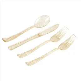 Hot sales Wholesales 2019 200 Pcs Golden Plastic Disposable Silverware Include 100 Forks 50 Knives 50 Spoons