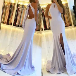 New Fashion Lavender Mermaid Evening Dresses Jewel Neck Backless High Side Split Sweep Train Prom Dress Special Occasion robes de soirée