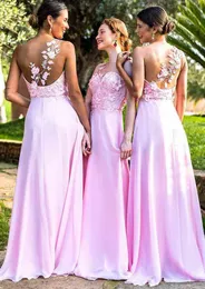 A-Line Princess One-Shoulder Pink Chiffon Bridesmaid Dresses With Lace Applique Sweep Train Långt rygglös formell bröllopsgästklänning