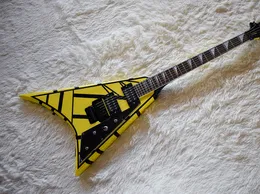Gratis frakt! Partihandel fabrik anpassad gul elektrisk gitarr med svarta remsor, dubbel sten, svart hårdvara, bindande nacke 0521