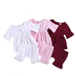 Kids Designer Clothes Baby Girls Ruffle Clothing Sets Summer Soft Breathable Top Lace Shorts Suits Child Casual T Shirt Harem Pants YP469