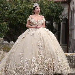 Sexy luxuriöse Ballkleid Brautkleider von Schulterspitzen Applikationen Perlen D Blumen Illusion gegen Rücken geschwollene Kathedrale Zugbrautkleider