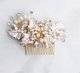Mode Bröllop Bröllop Löv Hårkam Rose Guld Silver Crystal Rhinestone Headpiece Head Accessories Pearls Headdress Ornament Bling Pins Prom Headwear Royal