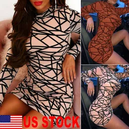 Goocheer Women Casual Geometric O-Neck Long Sleeve Mesh Bodycon Dress Autumn Female Sheath Party Mini Dress