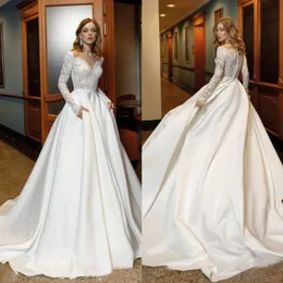 High Quality Lace Wedding Dresses Sheer Bateau Neck Long Sleeves Bridal Gowns A Line Sweep Train Satin robe de mariée