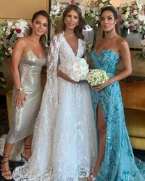 2020 아랍어 아소 에비 레이스 파란 빈티지 웨딩 드레스 깊은 V 넥 A 라인 신부 드레스 섹시한 웨딩 드레스 ZJ522