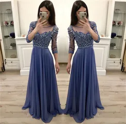 Luxury Heavy Beaded Crystals Blue Prom Dresses Long Elegant Chiffon Long Sleeve Evening Party Dresses Vestidos De Gala